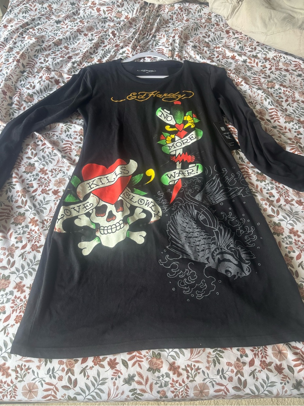 Ed Hardy Black with Green and Cream Floral Lining Tee
